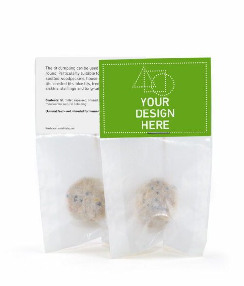 Meisenknödel (fat ball) for wild birds in a custom-printed, plastic-free bag