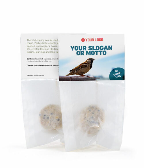 Meisenknödel (fat ball) for wild birds in a custom-printed, plastic-free bag