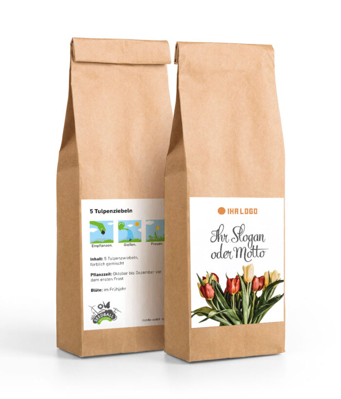 Blumenzwiebeln: 5 Tulpenzwiebel mit Logo und Slogan - Designvorlage 1