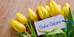 Tulpen mit dem Schild Ostern